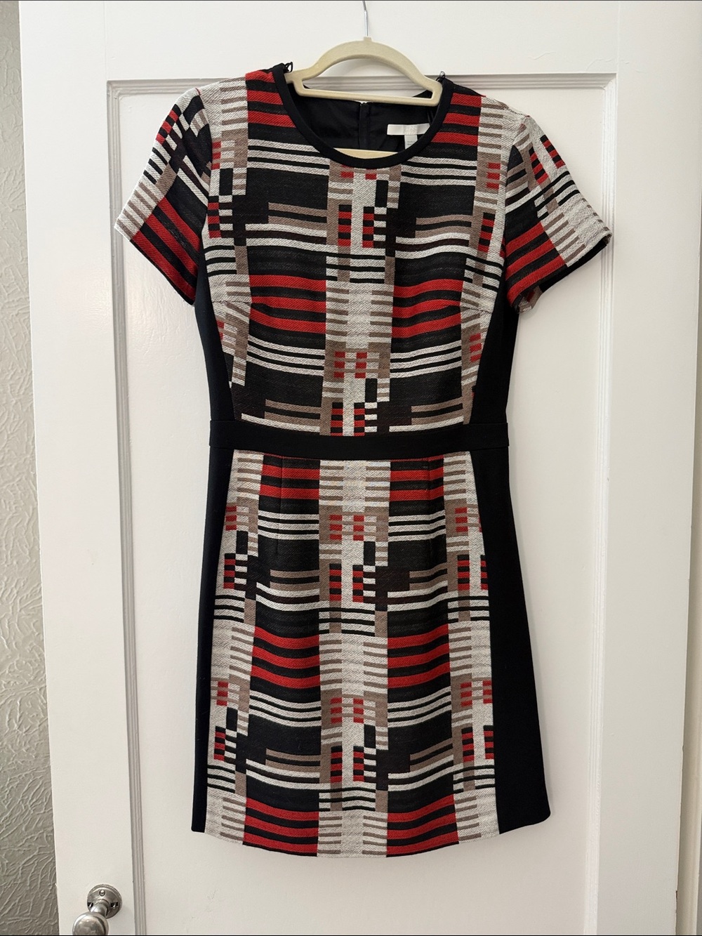 Hugo Boss Red, Black & Gray Geometric Short Sleeve Mini Dress